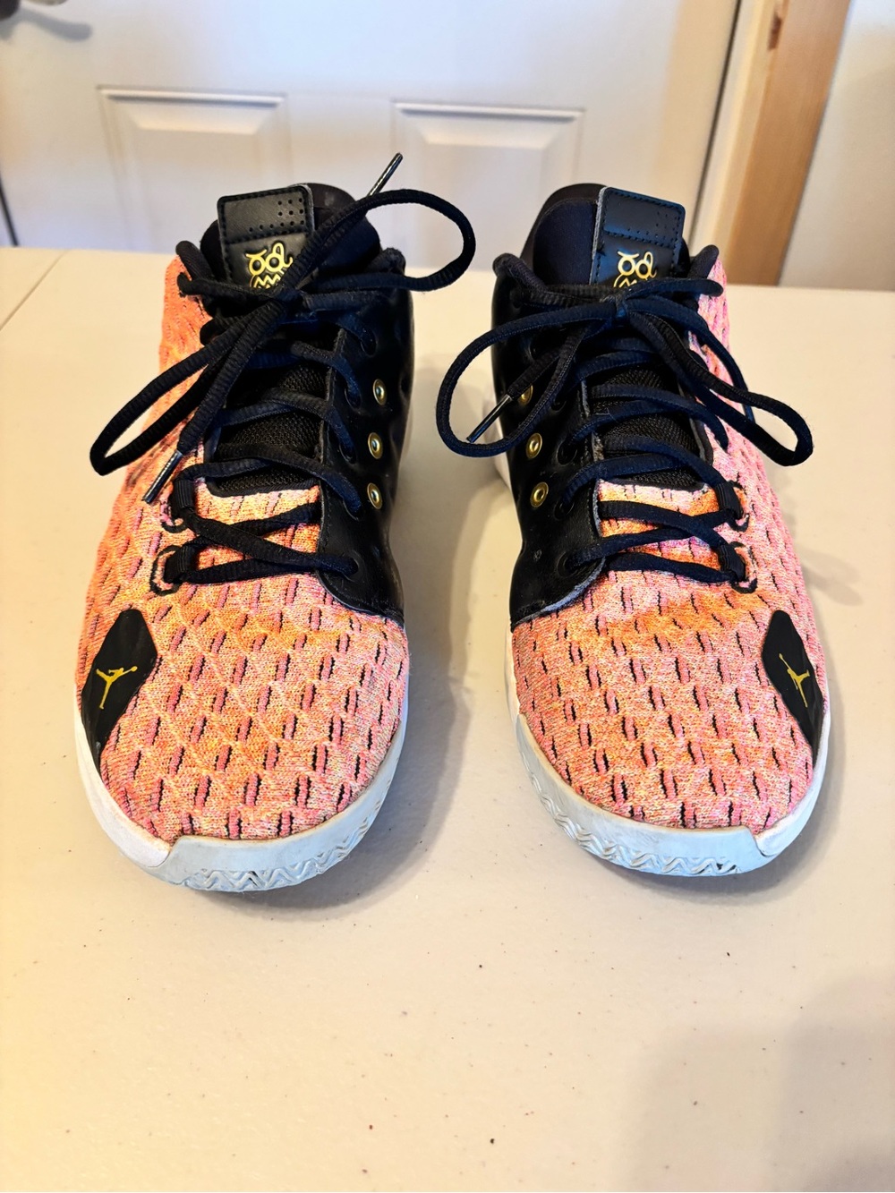 Jordan Men’s Pink and Black Knit Basketball Sneakers with Yellow Jumpman
